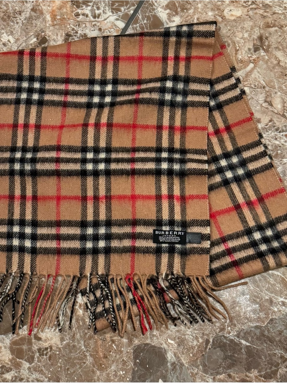 Burberry Beige Camel Check Wool Scarf with Black and Red Plaid